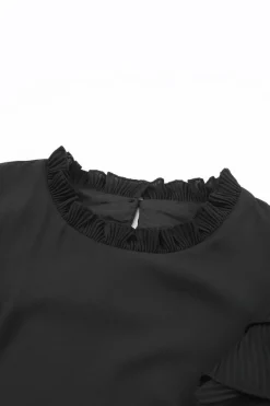 Discount Dear-Lover Button Keyhole Back Pleated Ruffle Trim Blouse Black