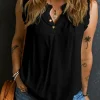 Best Dear-Lover Button Split Neck Ruffled Trim Tank Top Black