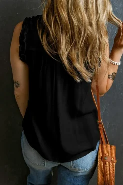Best Dear-Lover Button Split Neck Ruffled Trim Tank Top Black