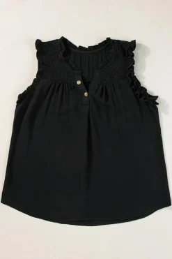 Best Dear-Lover Button Split Neck Ruffled Trim Tank Top Black