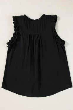 Best Dear-Lover Button Split Neck Ruffled Trim Tank Top Black