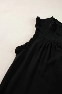 Best Dear-Lover Button Split Neck Ruffled Trim Tank Top Black