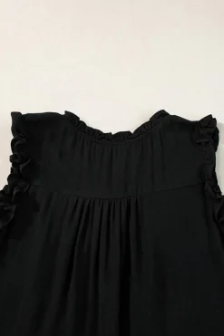 Best Dear-Lover Button Split Neck Ruffled Trim Tank Top Black