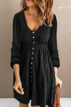 Sale Dear-Lover Button Up High Waist Long Sleeve Dress Black