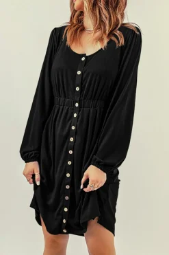 Sale Dear-Lover Button Up High Waist Long Sleeve Dress Black