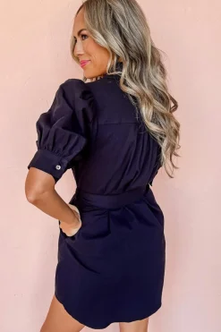 Best Dear-Lover Button Up Tie Waist Puff Sleeve Mini Dress Black