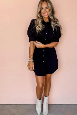Best Dear-Lover Button Up Tie Waist Puff Sleeve Mini Dress Black