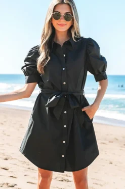 Best Dear-Lover Button Up Tie Waist Puff Sleeve Mini Dress Black