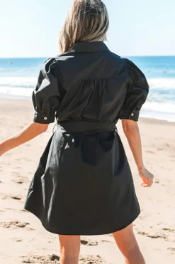 Best Dear-Lover Button Up Tie Waist Puff Sleeve Mini Dress Black