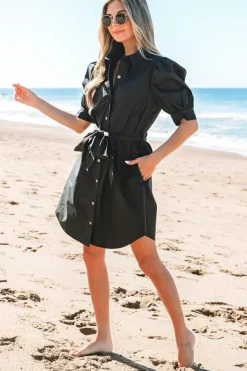 Best Dear-Lover Button Up Tie Waist Puff Sleeve Mini Dress Black