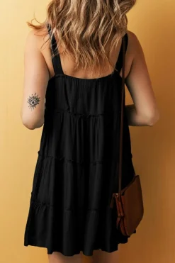 Outlet Dear-Lover Button V Neck Frilly Tiered Sleeveless Dress Black