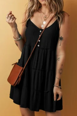 Outlet Dear-Lover Button V Neck Frilly Tiered Sleeveless Dress Black