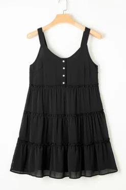 Outlet Dear-Lover Button V Neck Frilly Tiered Sleeveless Dress Black