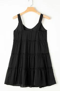 Outlet Dear-Lover Button V Neck Frilly Tiered Sleeveless Dress Black