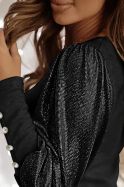 Fashion Dear-Lover Buttoned Cuffs Shiny Puff Sleeves Top Black