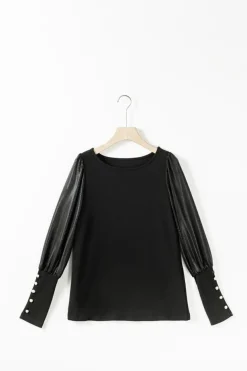 Fashion Dear-Lover Buttoned Cuffs Shiny Puff Sleeves Top Black