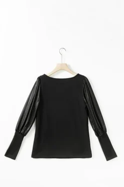Fashion Dear-Lover Buttoned Cuffs Shiny Puff Sleeves Top Black