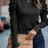 Best Dear-Lover Buttoned Puff Long Sleeve Sheath Top Black