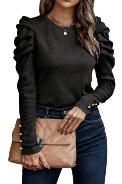 Best Dear-Lover Buttoned Puff Long Sleeve Sheath Top Black