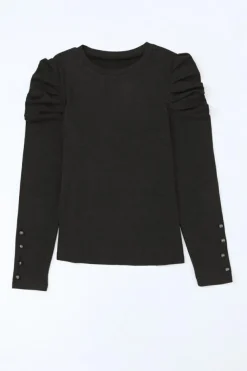 Best Dear-Lover Buttoned Puff Long Sleeve Sheath Top Black