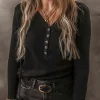 Discount Dear-Lover Buttoned V Neck Long Sleeve Ribbed Top Black