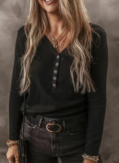 Discount Dear-Lover Buttoned V Neck Long Sleeve Ribbed Top Black