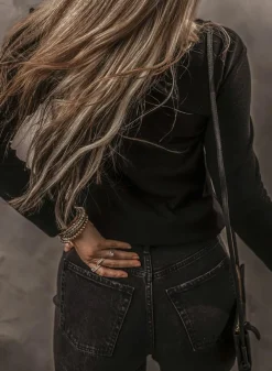 Discount Dear-Lover Buttoned V Neck Long Sleeve Ribbed Top Black