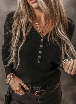Discount Dear-Lover Buttoned V Neck Long Sleeve Ribbed Top Black