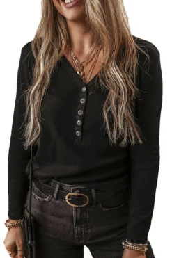 Discount Dear-Lover Buttoned V Neck Long Sleeve Ribbed Top Black