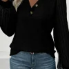 Clearance Dear-Lover Buttoned V Neck Ribbed Puff Sleeve Top Black
