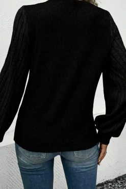 Clearance Dear-Lover Buttoned V Neck Ribbed Puff Sleeve Top Black