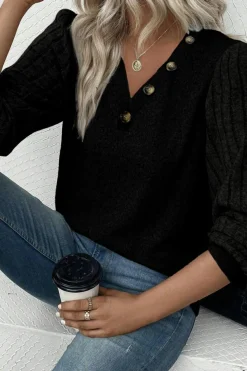 Clearance Dear-Lover Buttoned V Neck Ribbed Puff Sleeve Top Black