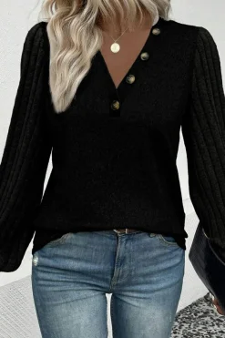 Clearance Dear-Lover Buttoned V Neck Ribbed Puff Sleeve Top Black