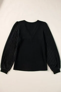 Clearance Dear-Lover Buttoned V Neck Ribbed Puff Sleeve Top Black