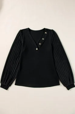 Clearance Dear-Lover Buttoned V Neck Ribbed Puff Sleeve Top Black