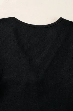 Clearance Dear-Lover Buttoned V Neck Ribbed Puff Sleeve Top Black