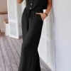 Hot Dear-Lover Buttoned Vest Drawstring Wide Leg Pants 2pcs Set Black
