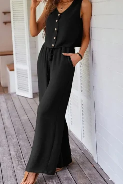 Hot Dear-Lover Buttoned Vest Drawstring Wide Leg Pants 2pcs Set Black