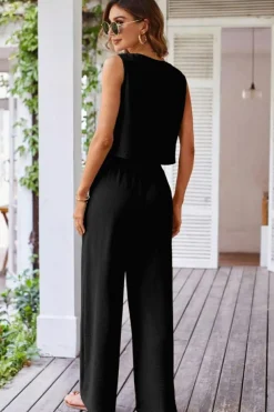 Hot Dear-Lover Buttoned Vest Drawstring Wide Leg Pants 2pcs Set Black