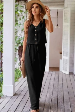 Hot Dear-Lover Buttoned Vest Drawstring Wide Leg Pants 2pcs Set Black