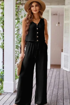 Hot Dear-Lover Buttoned Vest Drawstring Wide Leg Pants 2pcs Set Black