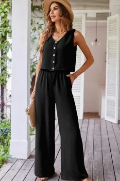 Hot Dear-Lover Buttoned Vest Drawstring Wide Leg Pants 2pcs Set Black