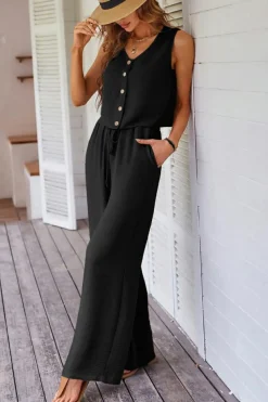 Hot Dear-Lover Buttoned Vest Drawstring Wide Leg Pants 2pcs Set Black