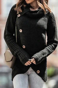 Online Dear-Lover Buttoned Wrap Turtleneck Sweater Black
