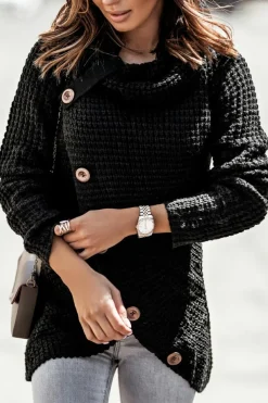 Online Dear-Lover Buttoned Wrap Turtleneck Sweater Black