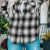 Sale Dear-Lover Buttons Pocketed Plaid Shacket Black