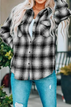 Sale Dear-Lover Buttons Pocketed Plaid Shacket Black