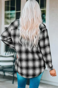 Sale Dear-Lover Buttons Pocketed Plaid Shacket Black