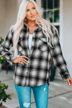 Sale Dear-Lover Buttons Pocketed Plaid Shacket Black