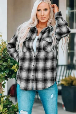 Sale Dear-Lover Buttons Pocketed Plaid Shacket Black